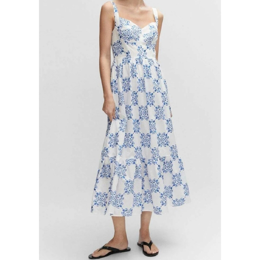 Mango Blue White Embroidered Flared Midi Dress Tiered Tile Print Sun Dress Sz 6